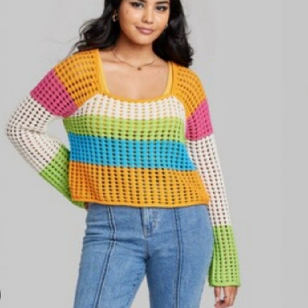 Wild Fable Women's Square Neck Open Work Pink and Orange Cropped Knit sweater